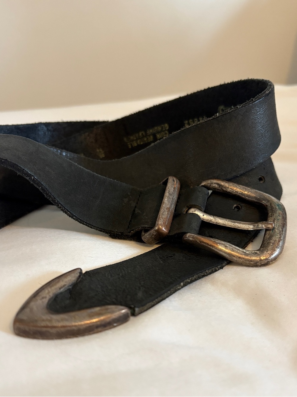 Vintage Soft Black Leather Belt with Antique Weathered Silver Hardware